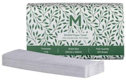 1 Ply, Recycled Slimfold Paper Towel White, 230mm x 230mm,  (20 Packs*200 Sheets) 4000 Sheets