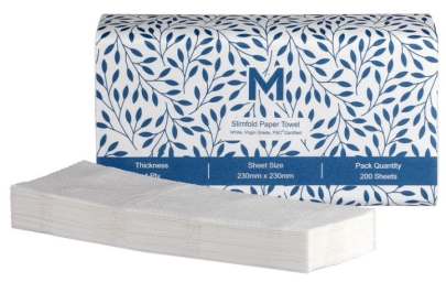 1 Ply Slimfold White Paper Towels 230mm x 230mm - 20 Packs x 200 Sheets (4000 Sheets)