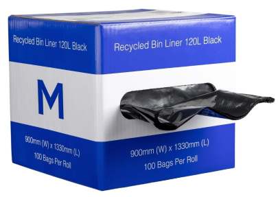 120L Recycled Bin Liner Black, 900mm x 1330mm x 35mu (100 Bags/ Roll)