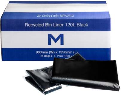120L Recycled Bin Liner Black, 900mm x 1330mm x 30mu (25 Bags/ Pack)