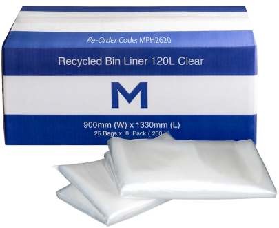 120L Recycled Bin Liner Clear, 900mm x 1330mm x 30mu (200 Bags/ Box)