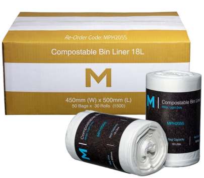 18L Compostable Bin Liner White, 450mm x 500mm x 15mu (1500 Bags/ Box)