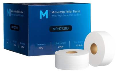 2 Ply, Mini Jumbo Toilet Tissue Boxed White, 200m, 12 Rolls/Box