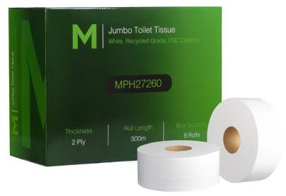 2 Ply, Recycled Jumbo Toilet Tissue  White, 300m 8 Rolls/Box