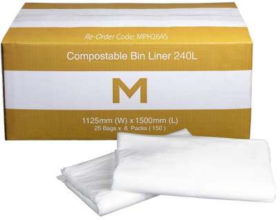 240L Compostable Bin Liner White, 1125mm x 1500mm x 30mu (150 Bags/ Box)
