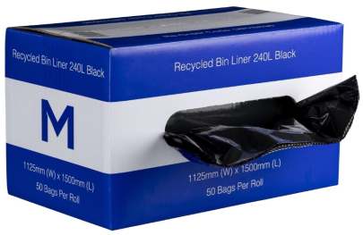 240L Recycled Bin Liner Black, 1125mm x 1500mm x 35mu (50 Bags/ Roll)