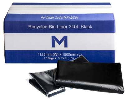 240L Recycled Bin Liner Black, 1125mm x 1500mm x 40mu (125 Bags/ Box)