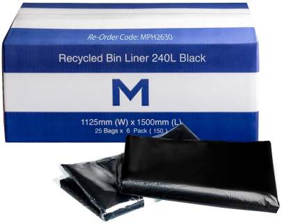 240L Recycled Bin Liner Black, 1125mm x 1500mm x 30mu (25 Bags/ Pack)