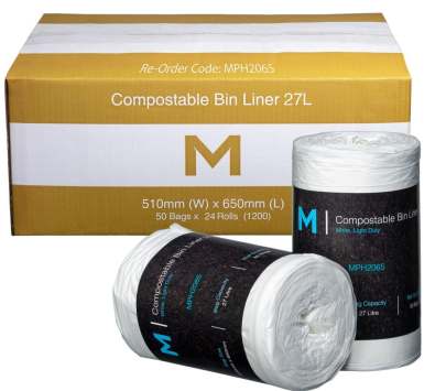 27L Compostable Bin Liner White, 510mm x 650mm x 15mu (1200 Bags/ Box)