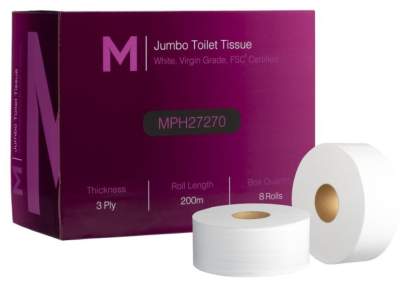 3 Ply, Luxury Jumbo Toilet Tissue Boxed White,  200m 8 Rolls/Box
