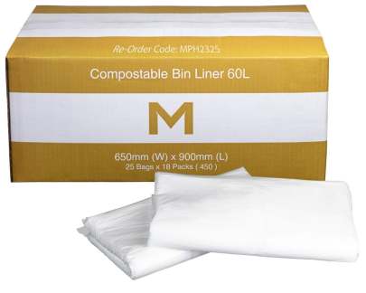 60L Compostable Bin Liner White, 650mm x 900mm x 30mu (450 Bags/ Box)
