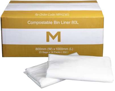80L Compostable Bin Liner White, 800mm x 1000mm x 30mu (350 Bags/ Box)