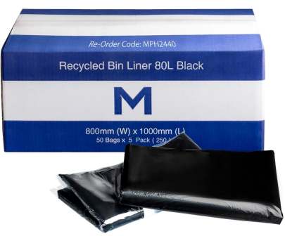80L Recycled Bin Liner Black, 800mm x 1000mm x 40mu (250 Bags/ Box)