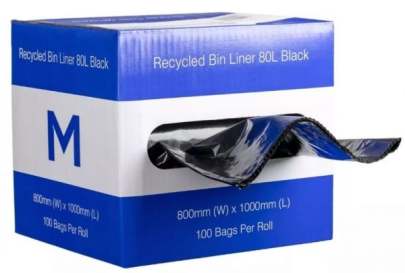 80L Recycled Bin Liner Black, 800mm x 1000mm x 35mu (100 Bags/ Box)