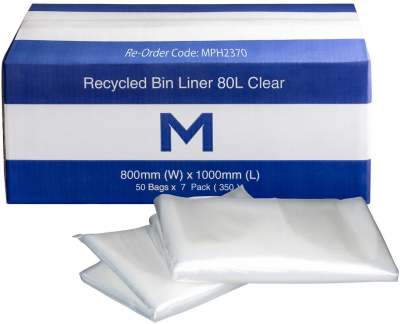 80L Recycled Bin Liner Clear, 800mm x 1000mm x 30mu (350 Bags/ Box)