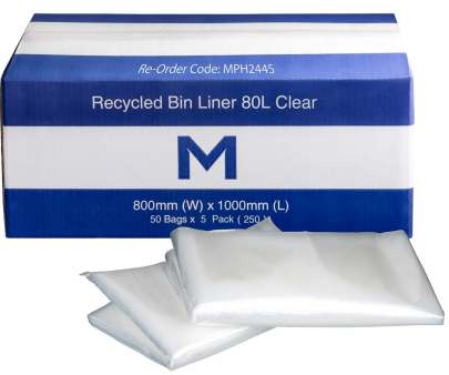 80L Recycled Bin Liner Clear, 800mm x 1000mm x 40mu (250 Bags/ Box)