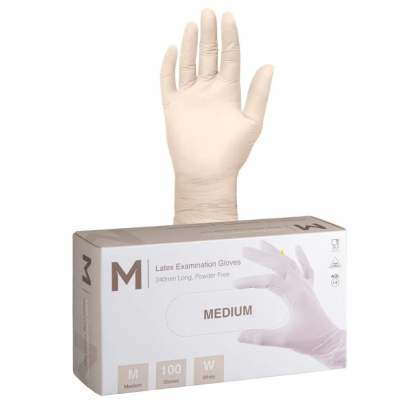 Latex Examination Gloves Powder Free White, M, 240mm Cuff, 6.0g