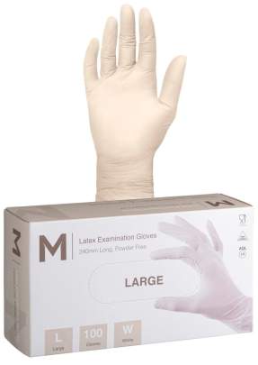 Latex Examination Gloves Powder Free White, L, 240mm Cuff, 6.0g