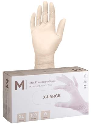 Latex Examination Gloves Powder Free White, XL, 240mm Cuff, 6.0g