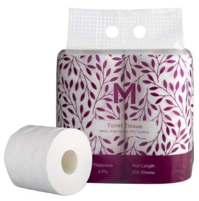 Luxury Wrapped Toilet Tissue Pack White, 3 Ply, 250 Sheets, 4 Pack 48 Rolls/Box 