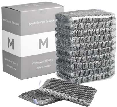 Mesh Sponge Scrubbers Silver/Black, 100mm x 150mm x 20mm (10 Spounges/ Pack)