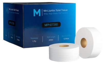 1 Ply, Mini Jumbo Toilet Tissue Boxed White,  400m, 12 Rolls/Box