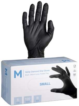 Nitrile Diamond Grip Gloves Powder Free Black, Small, 240mm Cuff, 9.0g (1000 Gloves/ Box)