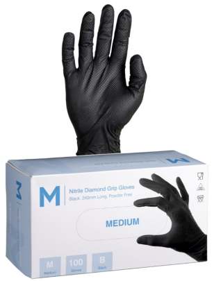 Nitrile Diamond Grip Gloves Powder Free Black, Medium, 240mm Cuff, 9.0g (1000 Gloves/ Box)