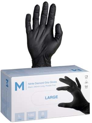 Nitrile Diamond Grip Gloves Powder Free Black, Large, 240mm Cuff, 9.0g (1000 Gloves/ Box)