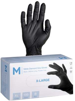 Nitrile Diamond Grip Gloves Powder Free Black, X- Large, 240mm Cuff, 9.0g (1000 Gloves/ Box)
