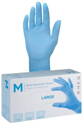 Nitrile Examination Gloves Powder Free Blue, Large, 240mm Cuff, 3.0g