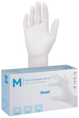 Nitrile Examination Gloves Powder Free White, Small, 240mm Cuff, 5.0g (1000 Gloves/ Box)