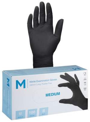 Nitrile Examination Gloves Powder Free Black, Medium, 240mm Cuff, 7.0g (1000 Gloves/ Box)