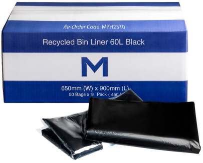 60L Recycled Bin Liner Black, 650mm x 900mm x 30mu (450 Bags/ Box)