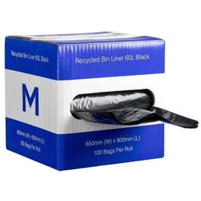 60L Recycled Bin Liner  Black, 650mm x 900mm x 30mu (100 Bags/ Roll) 