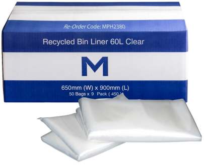 60L Recycled Bin Liner  Clear, 650mm x 900mm x 30mu (50 Bags/ Pack)
