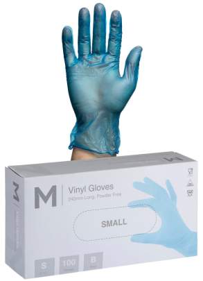Vinyl Gloves Powder Free Blue, S, 240mm Cuff, 5.0g